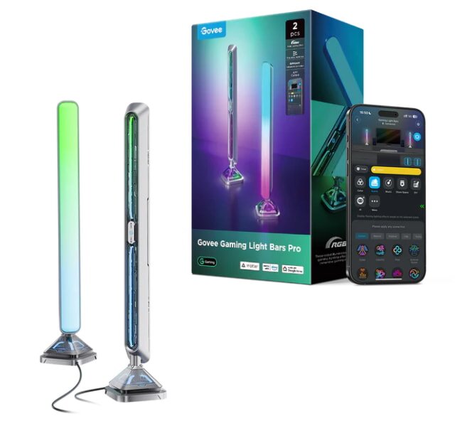Govee Gaming Light Bars Pro displayed next to their packaging and a smartphone app. The bars emit green and blue light, suggesting modern tech and ambient lighting control.
