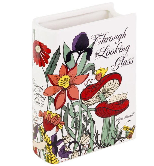 Book cover of "Through the Looking Glass," featuring whimsical illustrations and vibrant colors.