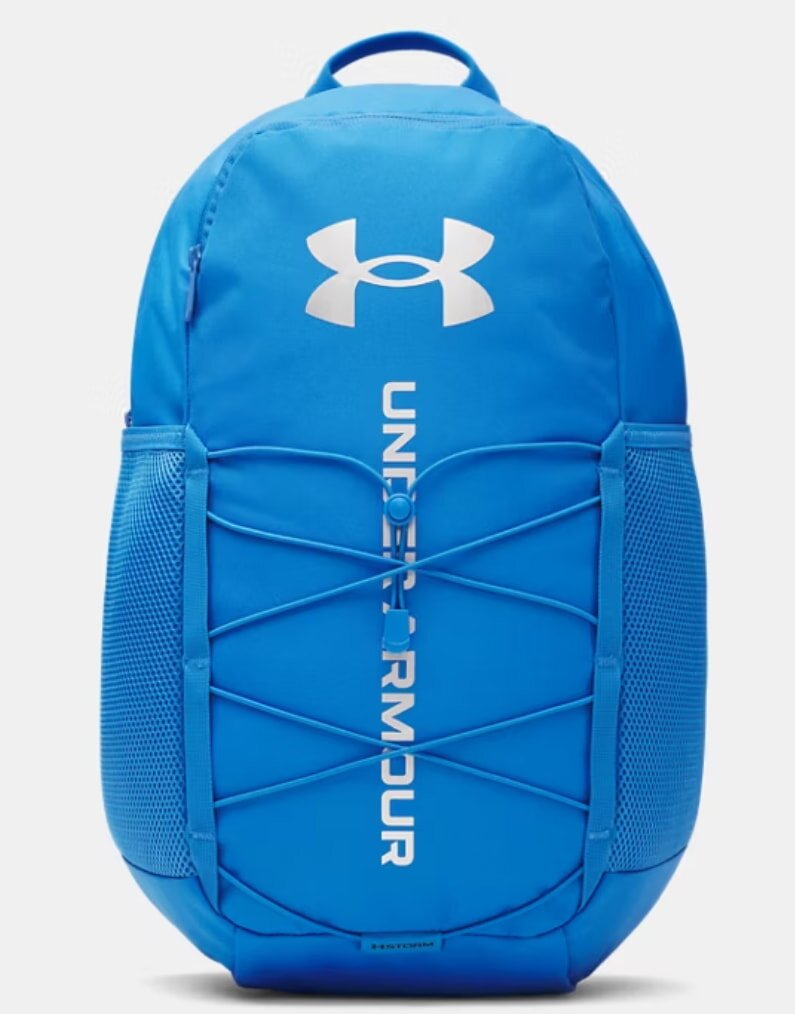 Vibrant blue backpack with a bold logo on top. Features include a front bungee cord, vertical text, and mesh side pockets, offering a sporty vibe.