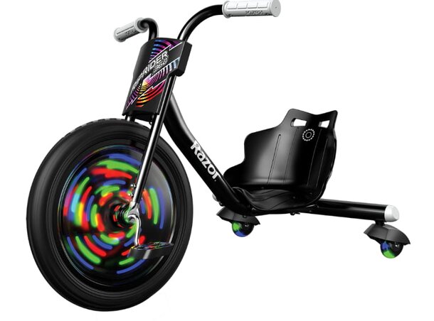 A black tricycle featuring a vibrant rainbow-colored wheel, showcasing a playful and colorful design.