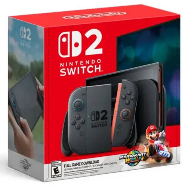 Nintendo Switch 2 bundle featuring Mario Kart 8 Deluxe game, showcasing the console and game packaging together.