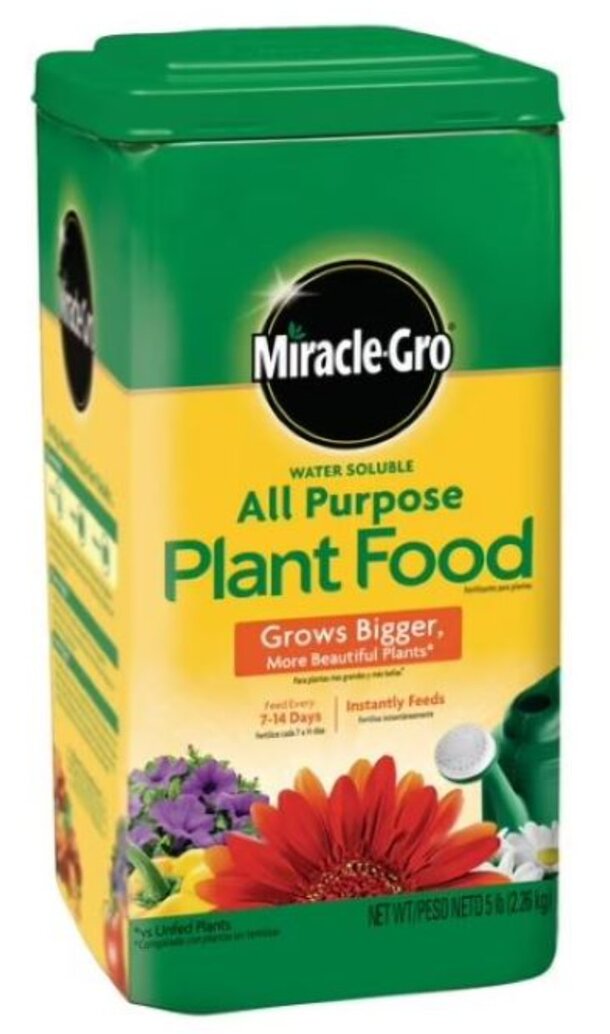 Miracle-Gro all-purpose plant food package, designed to promote healthy plant growth and vibrant blooms.