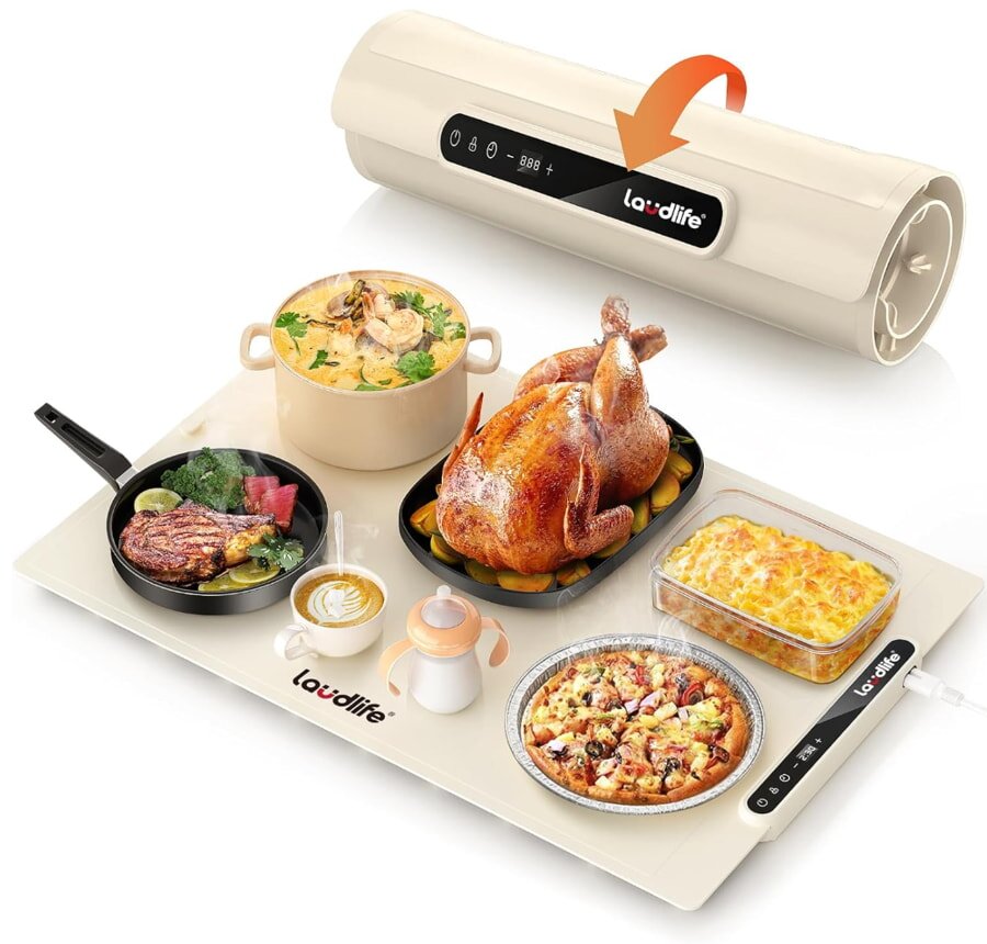 Heated serving tray with various dishes and food warmer