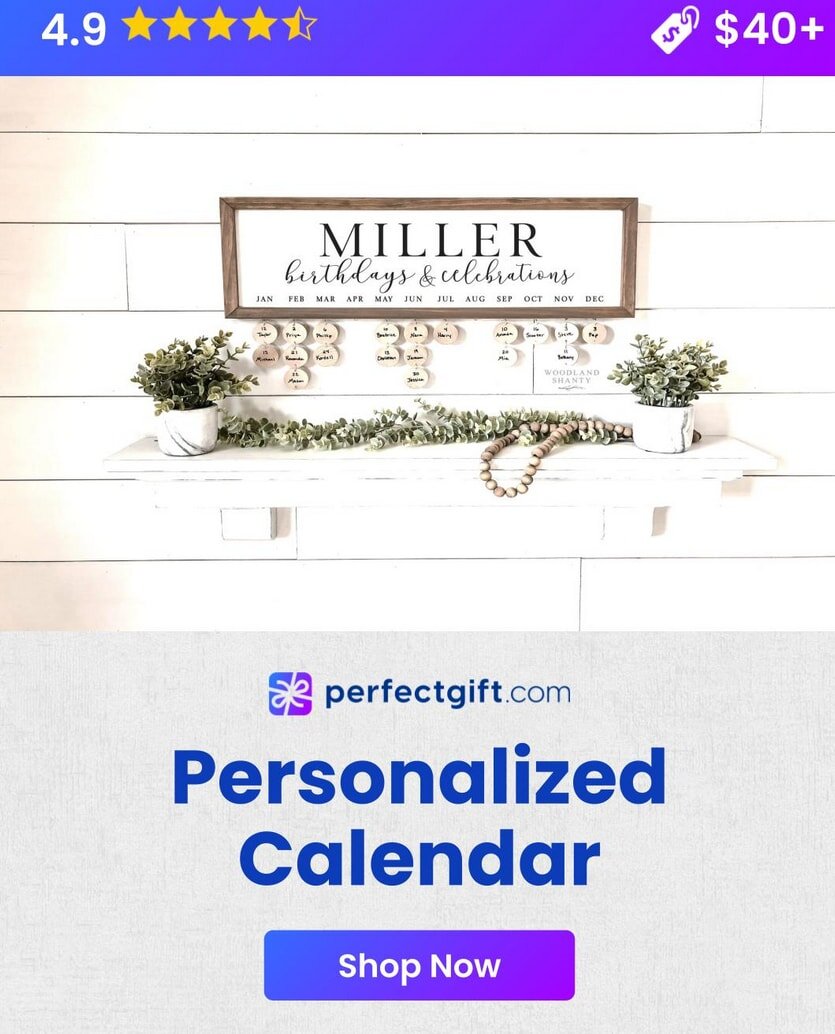 Personalized calendar display with family name, greenery, and beads. PerfectGift.com offers it for $40+ with a 4.9-star rating.