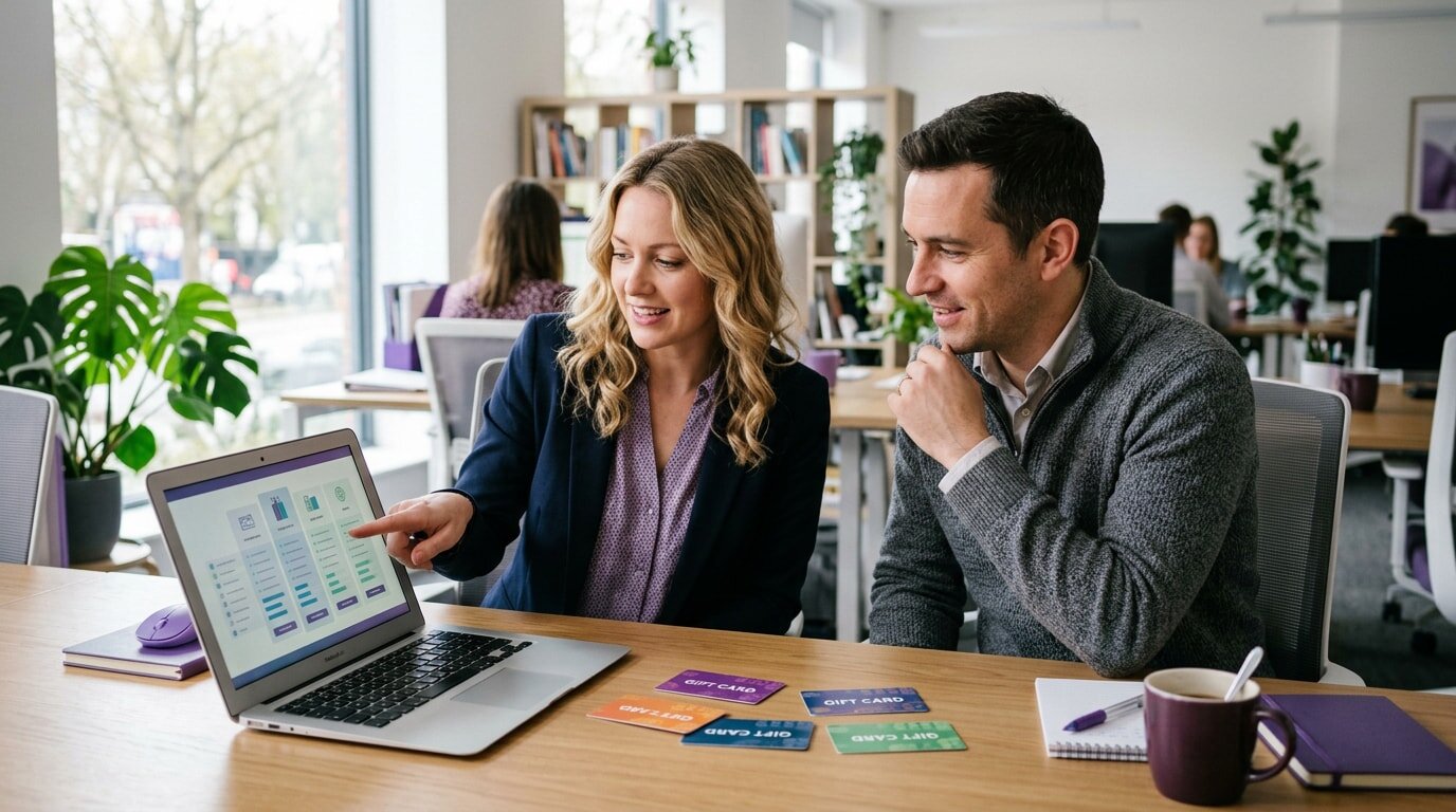 Two colleagues discuss data on a laptop in a bright office, surrounded by plants and colorful gift cards on the table.