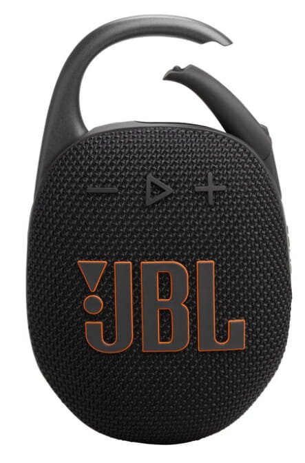 Close-up of a black JBL Clip 2 portable Bluetooth speaker featuring a built-in microphone.