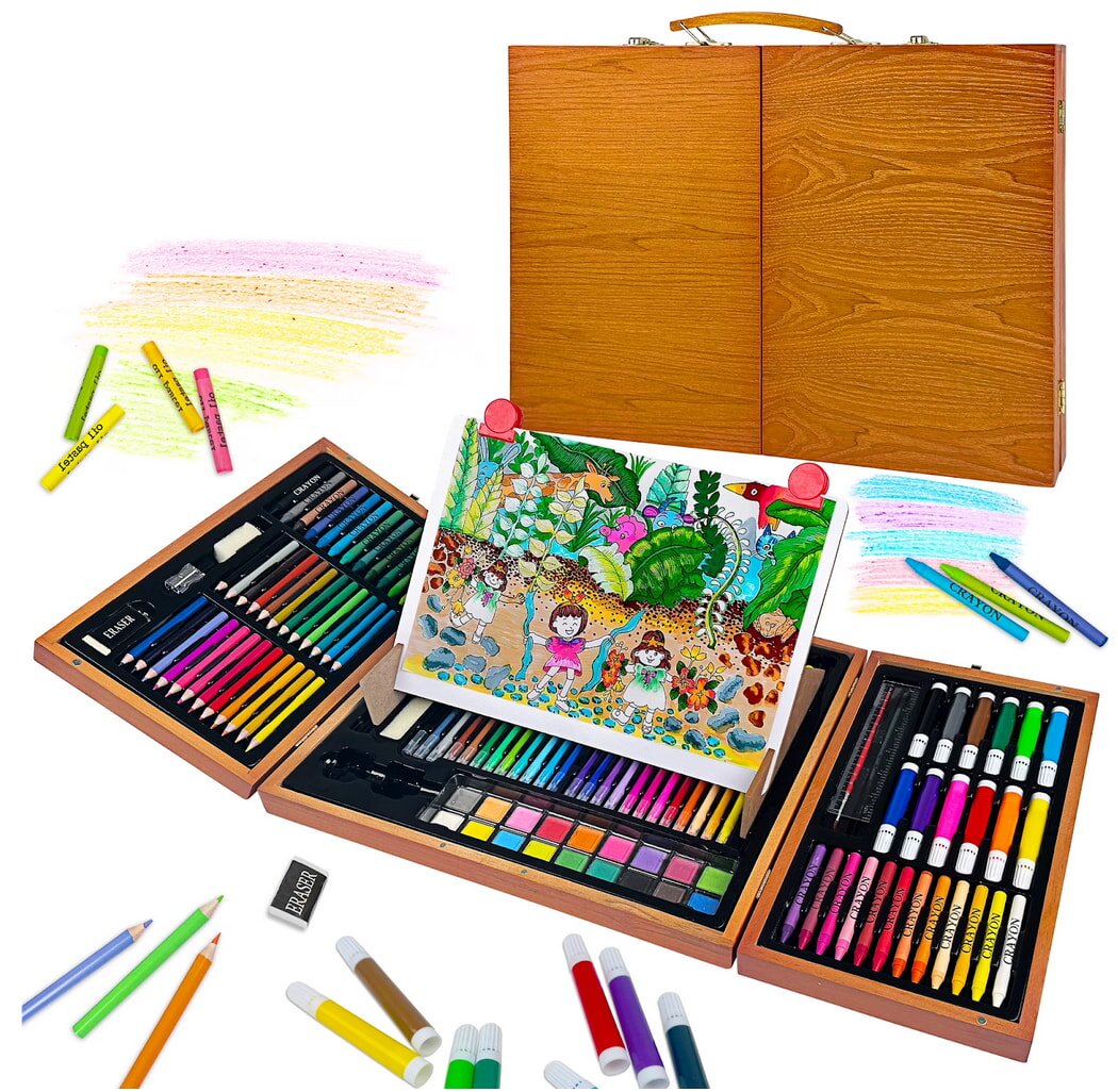 Art set featuring an open wooden case with colored pencils, markers, and paints. A vibrant jungle drawing is displayed, conveying creativity and fun.