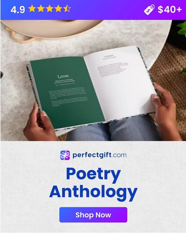 Person reads a poetry anthology from perfectgift.com, rated 4.9 stars, priced $40+. Shop now for a thoughtful gift.