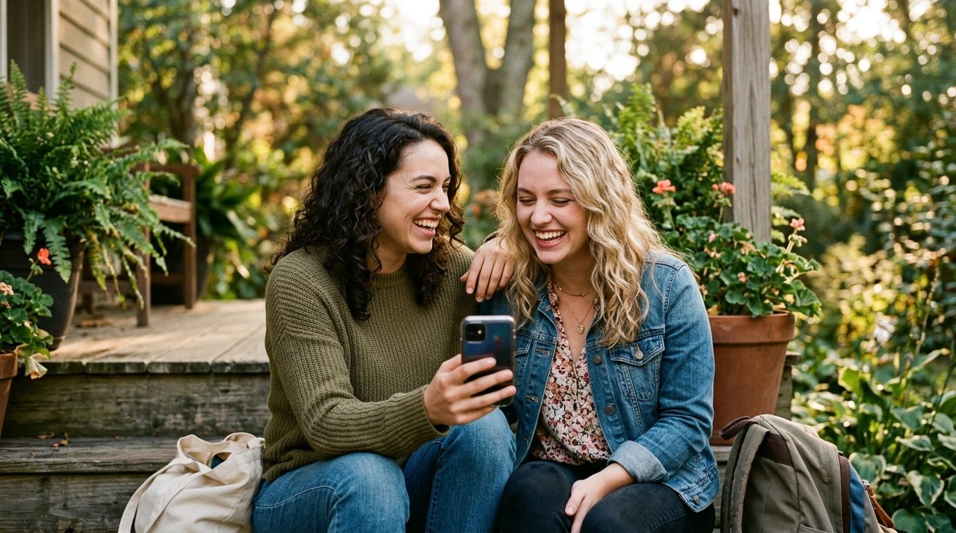 Three colleagues smiling and discussing a marketing campaign on a laptop in a plant-filled office, fostering creativity and teamwork.