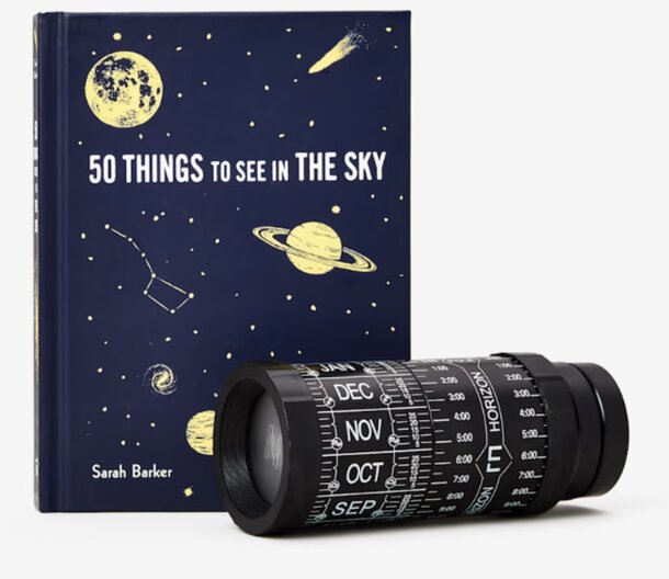 A colorful infographic listing 50 celestial objects and phenomena to observe in the sky, including stars, planets, and clouds.
