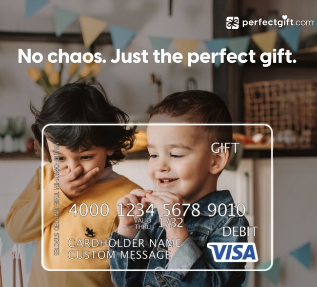 Two children laughing joyfully, with a Visa gift card overlay. Text reads, "No chaos. Just the perfect gift." Festive and cheerful atmosphere.