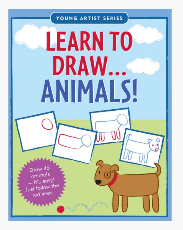 Book cover titled "Learn to Draw Animals" featuring various animal sketches and drawing tools.