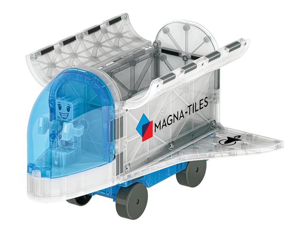 Colorful magnetic tiles arranged to form a space shuttle, showcasing creativity and imaginative play.