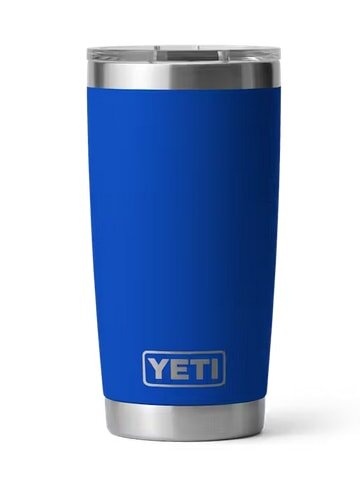 Blue YETI tumbler with stainless steel accents, designed for hot or cold drinks. Durable and stylish for everyday use.