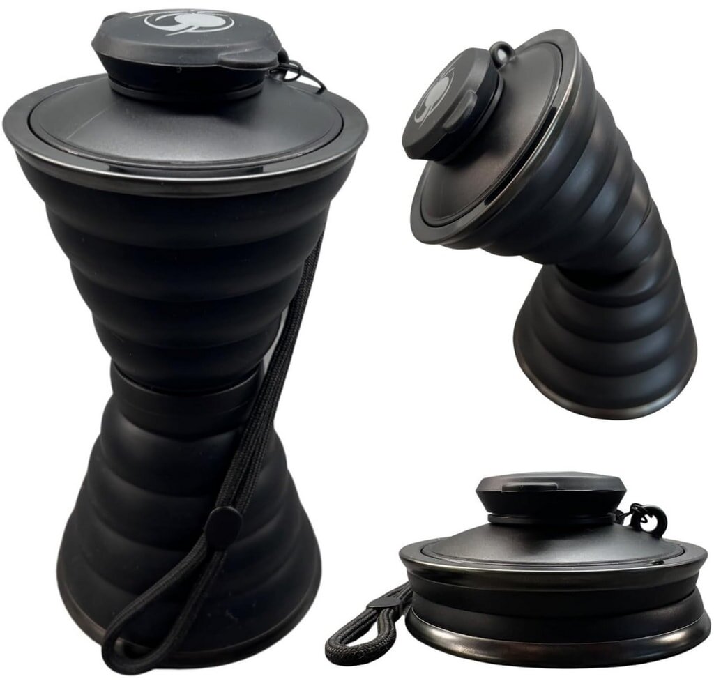 A black collapsible water bottle with a secure lid, designed for easy transport and storage.