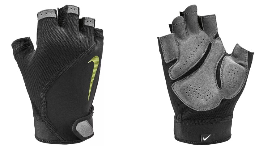 Black athletic glove with gray palm and Nike logo