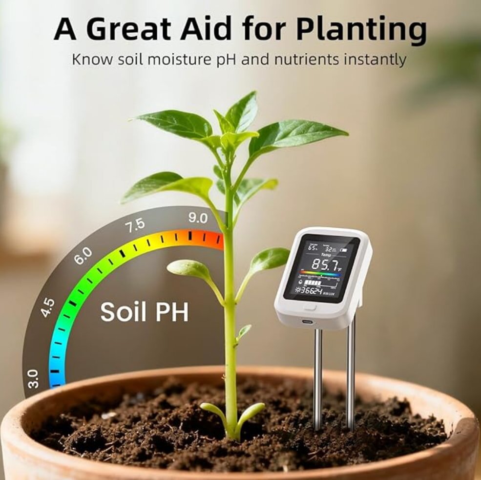 Soil pH meter displaying readings, used for measuring soil acidity or alkalinity in gardening and agriculture.