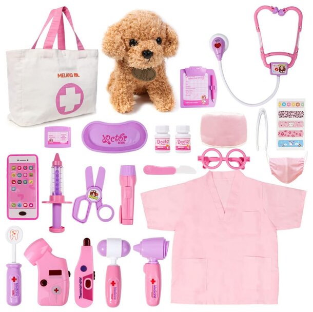 A pink toy doctor's kit featuring various medical accessories for imaginative play.