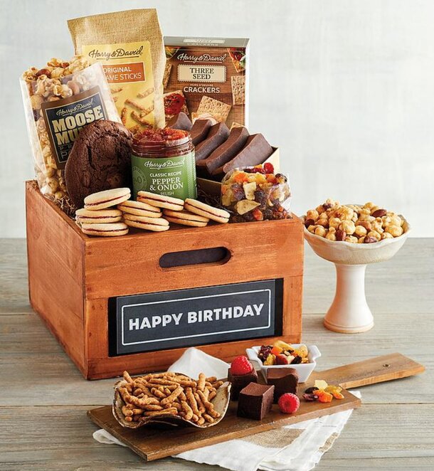 A colorful birthday gift basket filled with treats, balloons, and a cheerful birthday card.