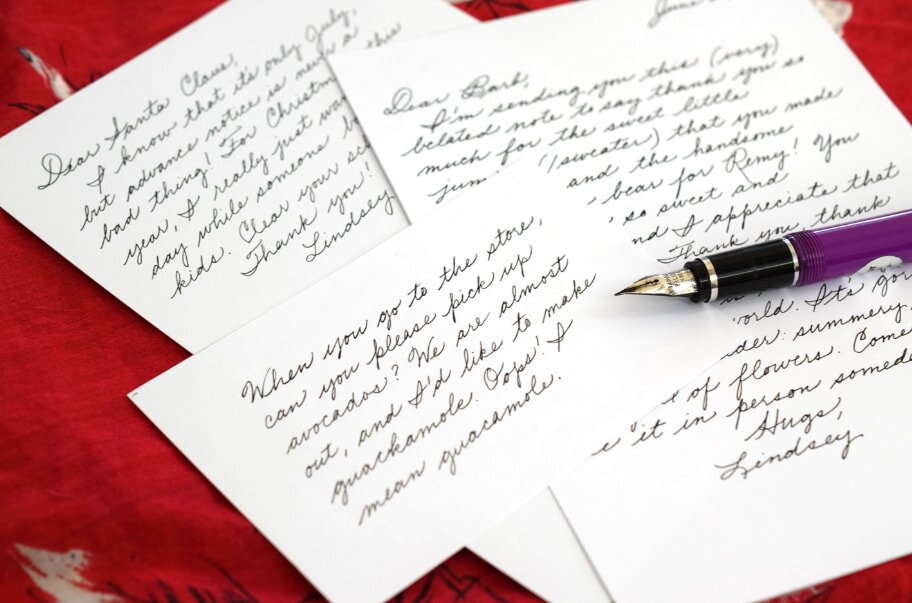 Handwritten letters on white paper, laid out on a red fabric. A purple fountain pen rests on one letter. The scene feels nostalgic and personal.