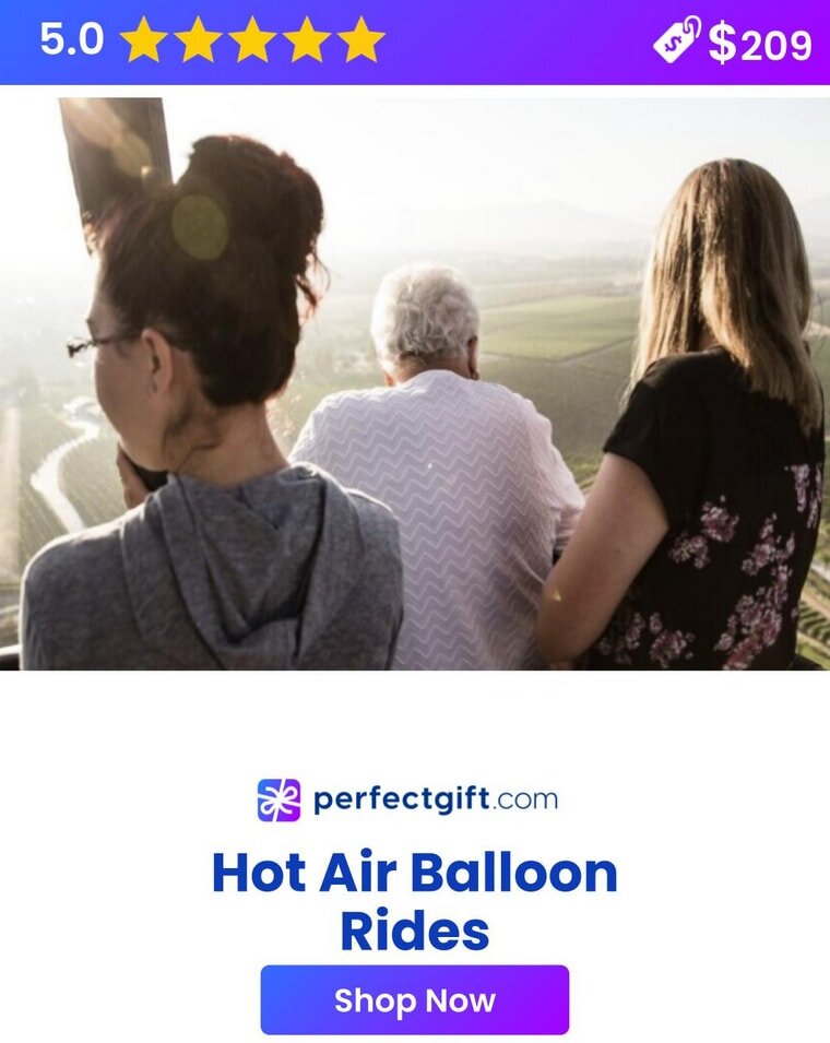 Three people enjoy a scenic hot air balloon ride over vineyards, with a 5-star rating and $209 price tag displayed above.
