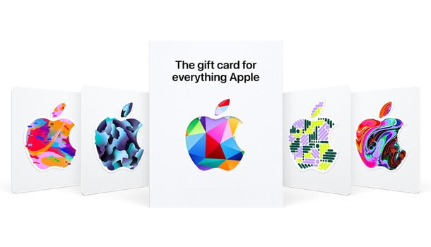 A collection of Apple gift cards displayed, promoting a variety of products and services available for purchase.