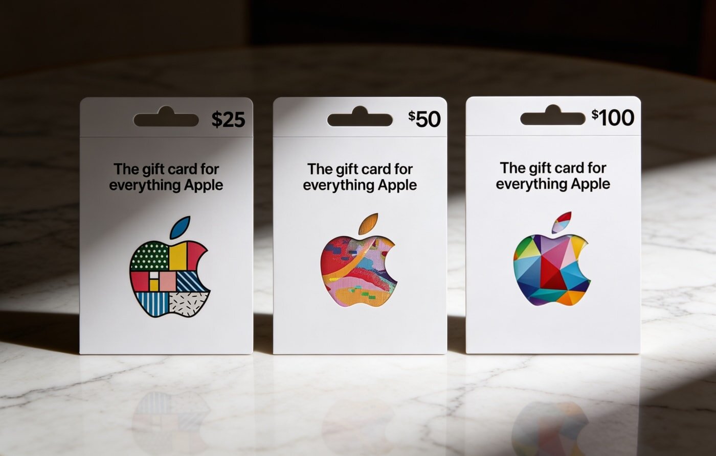 A vibrant Apple's gift cards showcasing the logo