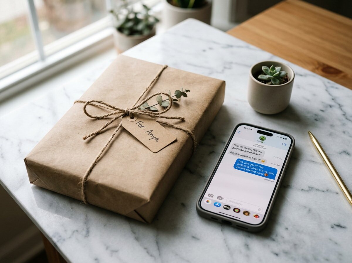 A neatly wrapped parcel ready to be sent to a long-distance friend, symbolizing a heartfelt just because gift
