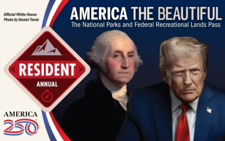 America the Beautiful pass design with historical figures, highlighting national parks and federal recreational lands.