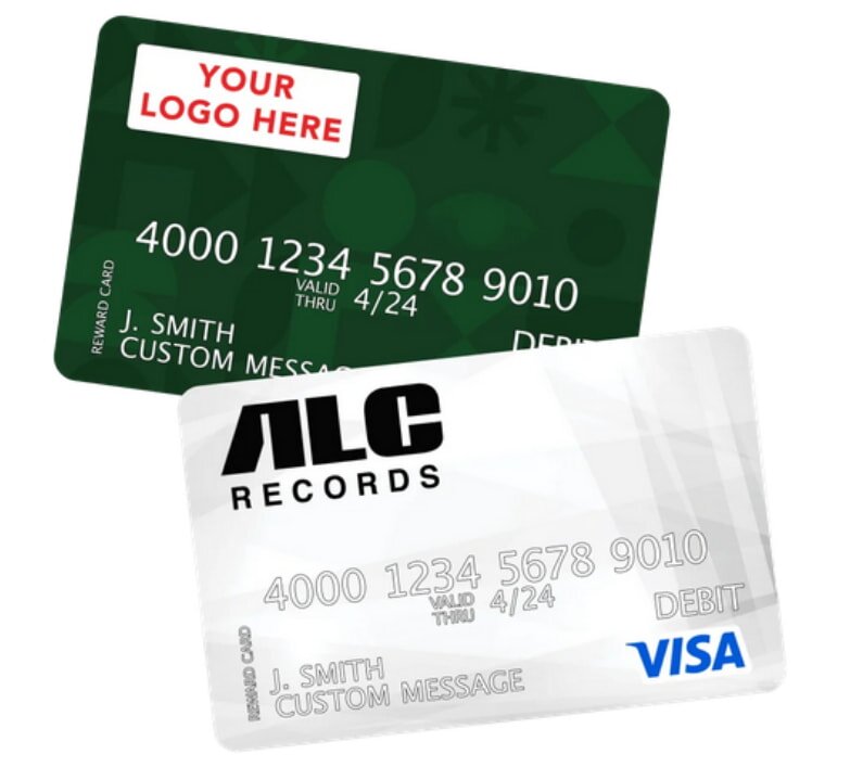 A green and white credit card featuring a prominent logo on its surface.  