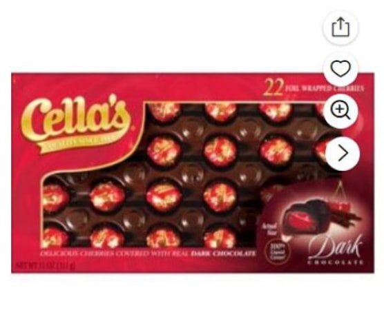 Box of Cella's chocolate-covered cherries with a red and gold design, showing 22 individually wrapped pieces. The packaging conveys a sweet, indulgent tone.