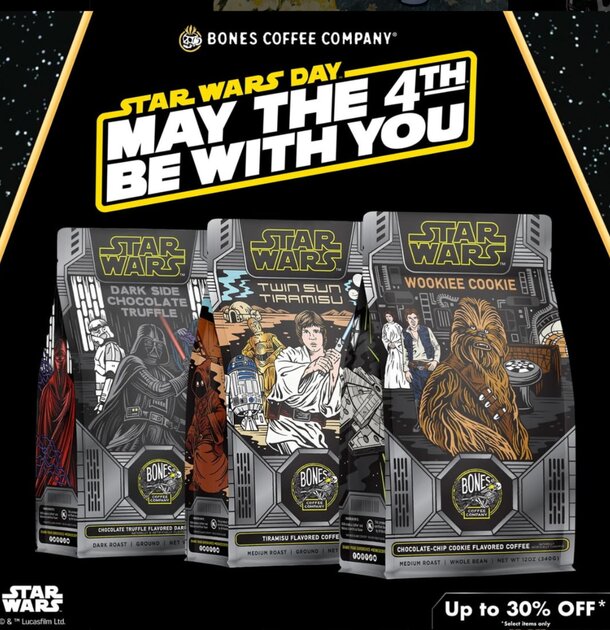 Star Wars coffee bags on sale for the 4th of July, featuring themed designs and festive packaging.
