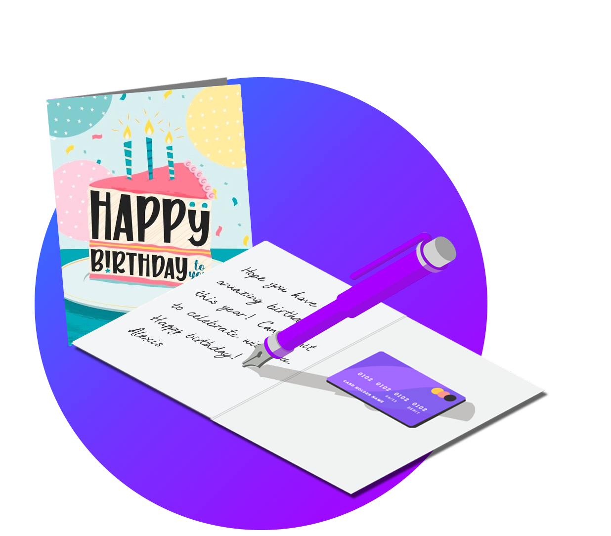 Two customized greeting cards. One opened with text and a gift card inside. 