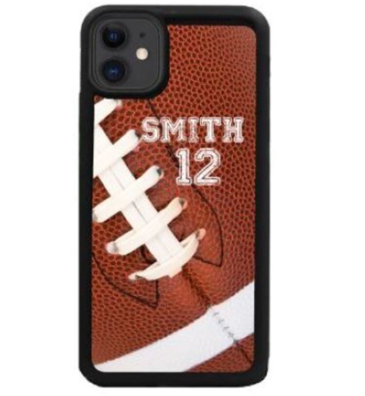 Football phone case with 'SMITH 12' on brown leather background