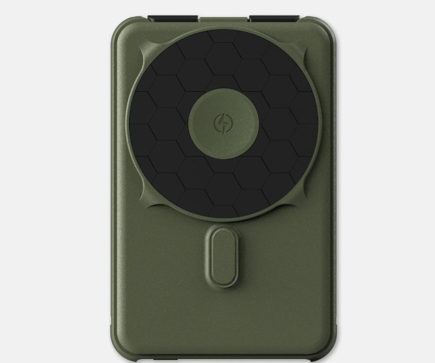 Olive green power bank with a black hexagonal pattern on top, featuring a circular charging symbol in the center. It has a minimalist and modern design.