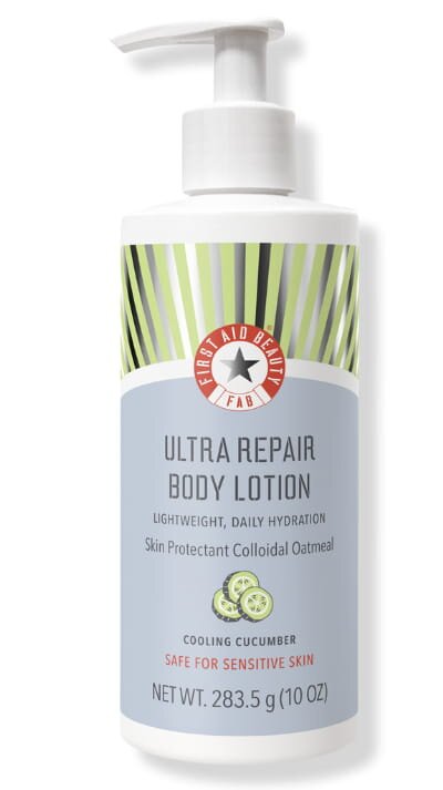 Ultra repair lotion featuring cucumber and lemon, designed for soothing and hydrating the skin.