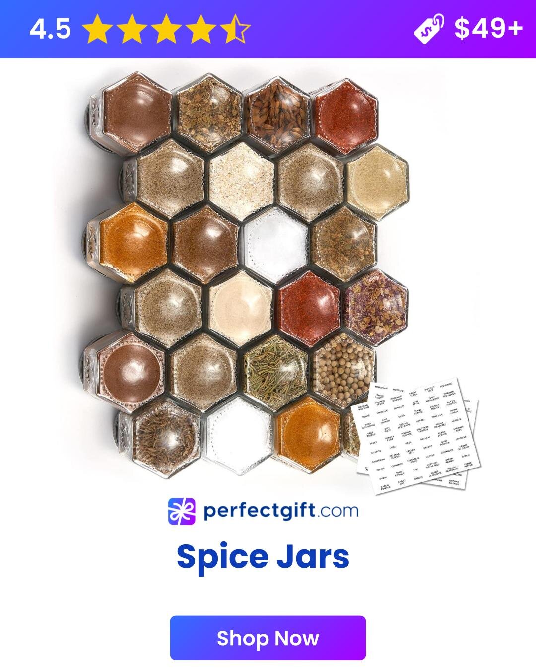 A collection of spice jars labeled with various spices, arranged neatly on a kitchen shelf.