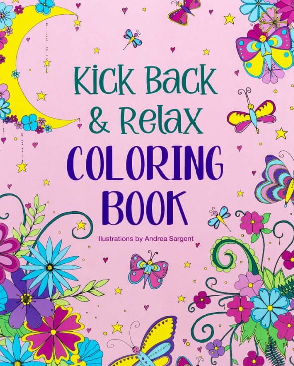 Cover of "Kick Back and Relax" coloring book featuring calming designs and vibrant colors for stress relief and creativity.