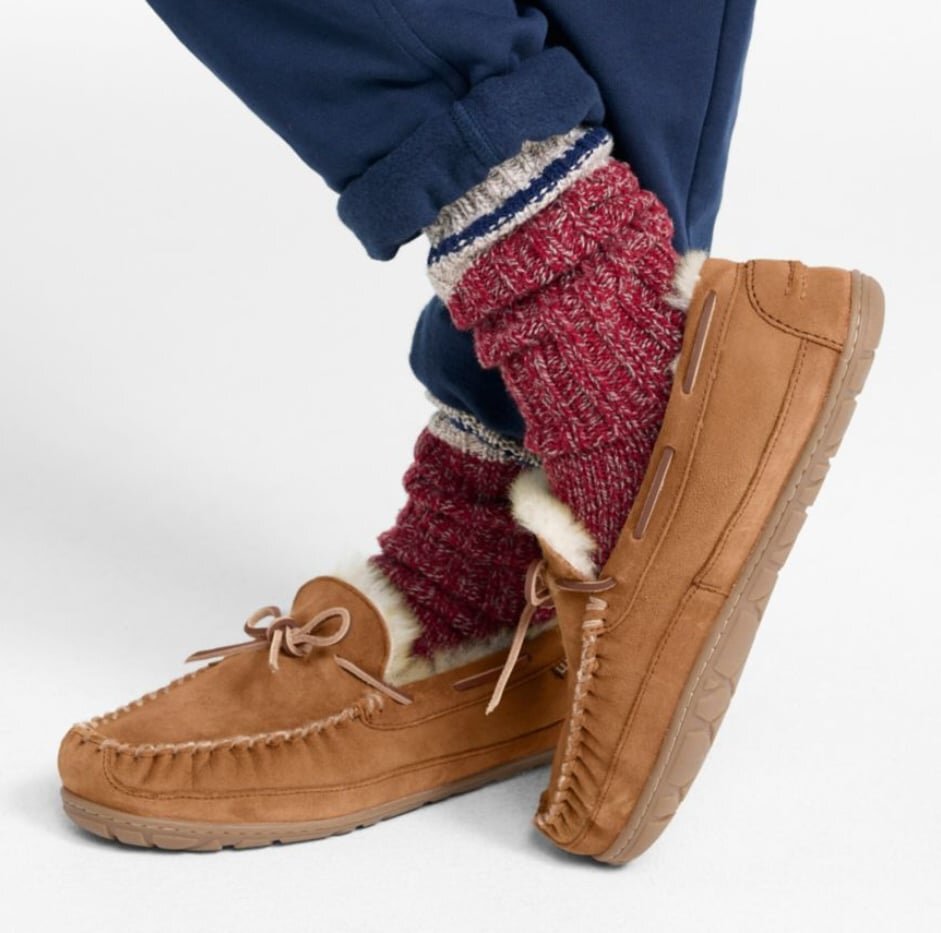 Pair of L.L.Bean Wicked Good suede moccasins with shearling lining.