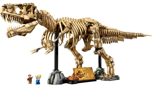 A LEGO model of a T-Rex skeleton from Jurassic World, showcasing intricate bone details and a sturdy base.