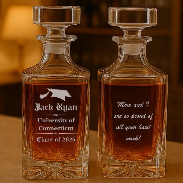 Two graduated decanters featuring elegant engravings of names on their surfaces.