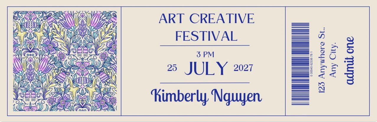 Colorful ticket for an art creative festival featuring abstract designs and event details prominently displayed.