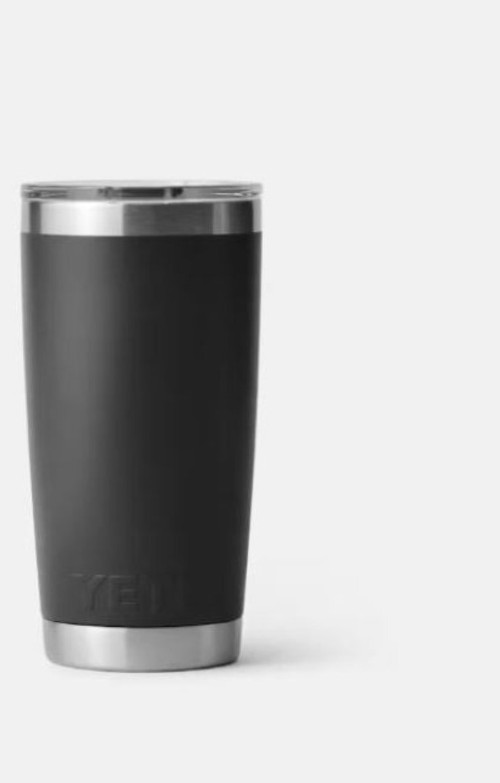 A black tumbler cup featuring a silver lid, designed for hot or cold beverages.
