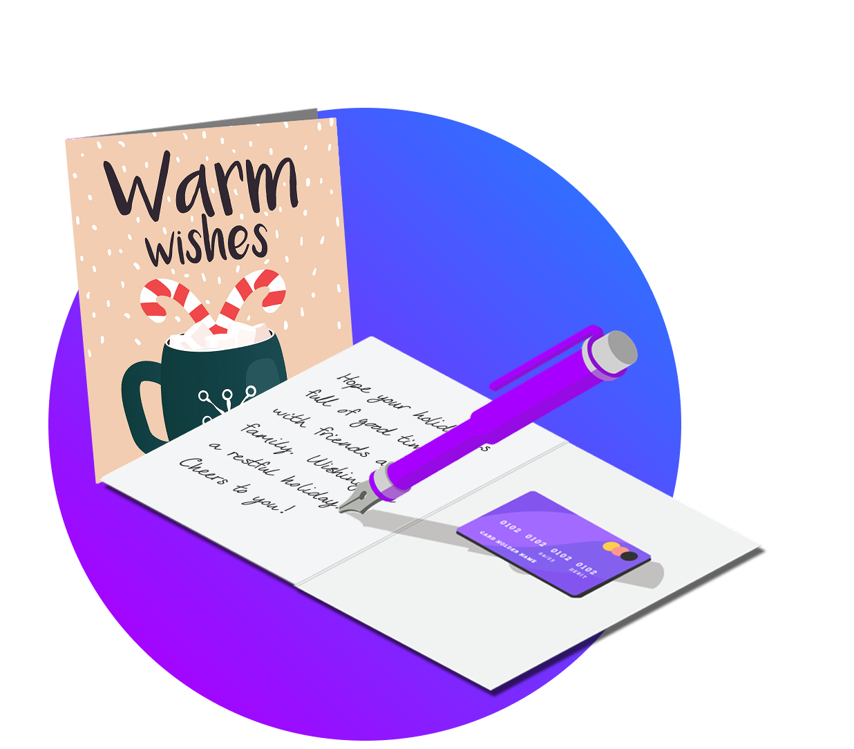 Two customized greeting cards. One opened with text and a gift card inside. 