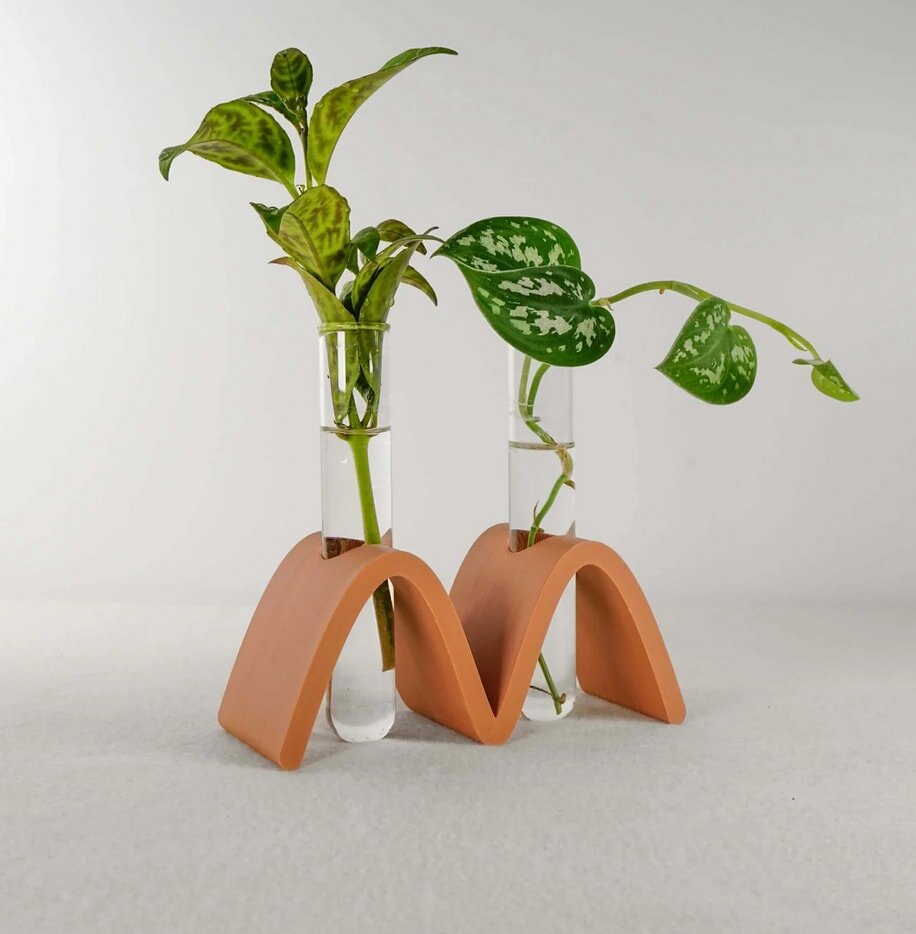 Two vases with green plants sit on a white surface, creating a fresh and vibrant display.