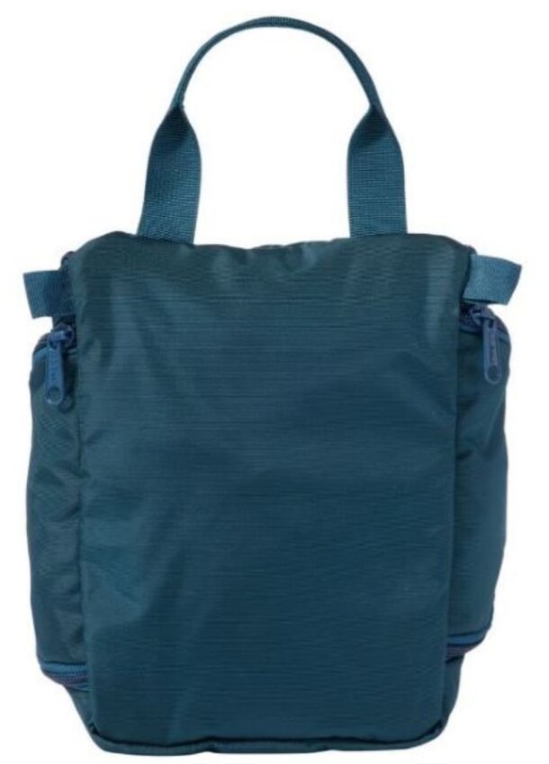 Small blue nylon bag featuring two zippers, ideal for organizing small items or accessories.