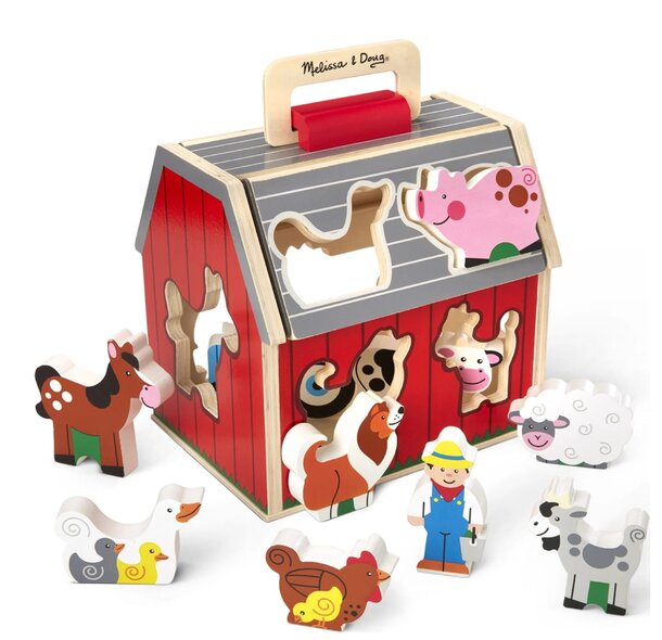 A colorful wooden toy farm set featuring various animals, including farm animals like cows, pigs, and chickens.