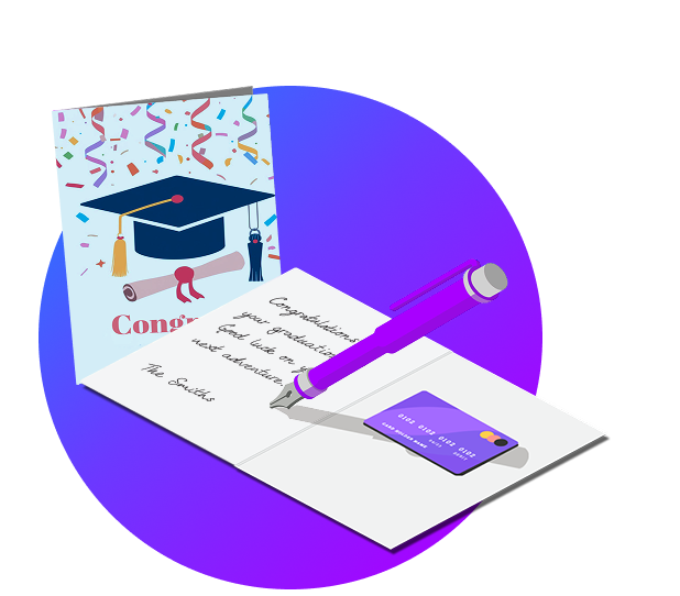 Two customized greeting cards. One opened with text and a gift card inside. 