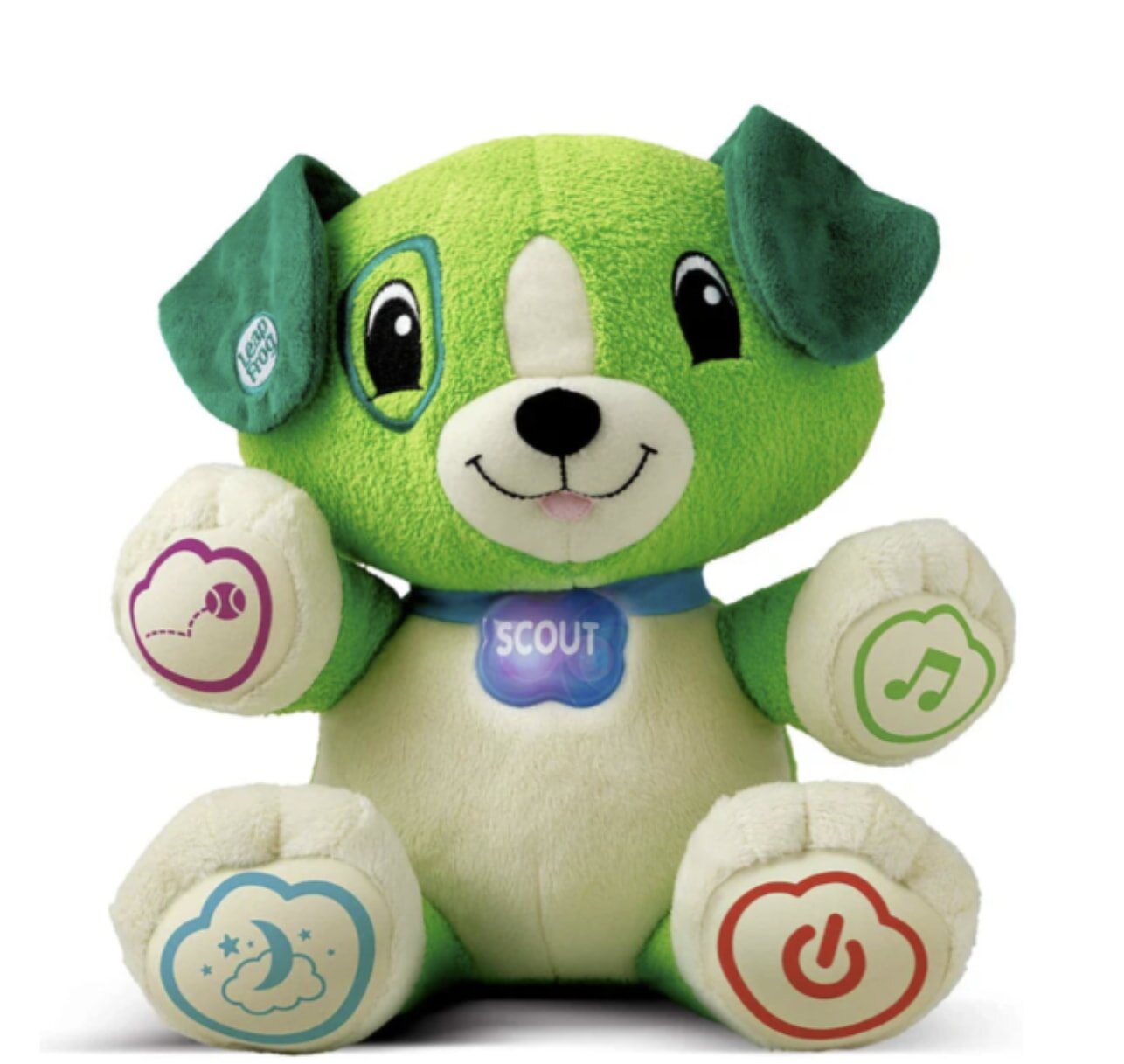 A green and white stuffed animal featuring an assortment of colorful buttons on its body.