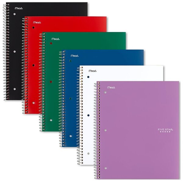 A spiral notebook featuring four distinct colors arranged in a vibrant pattern on the cover.
